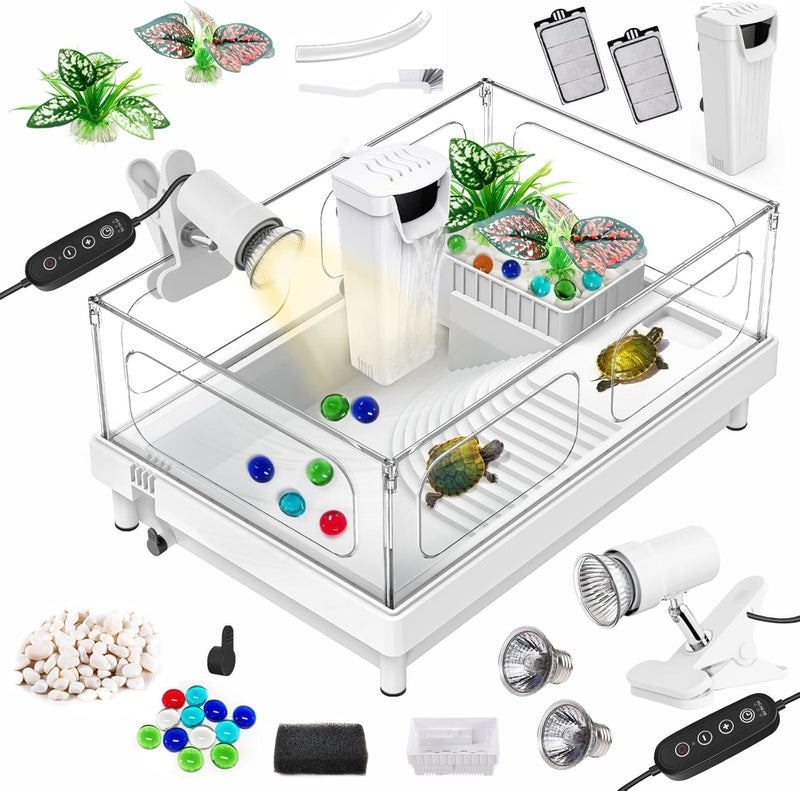 GOZILLA Small Turtle Tank Kit(Tank+Lamp+Filter), Acrylic Turtle Starter Kit with Adjustable Lamp, Reptile Habitat and Terrarium with Multi-Functional Areas for Small Reptiles. (White Kit) - Image 1